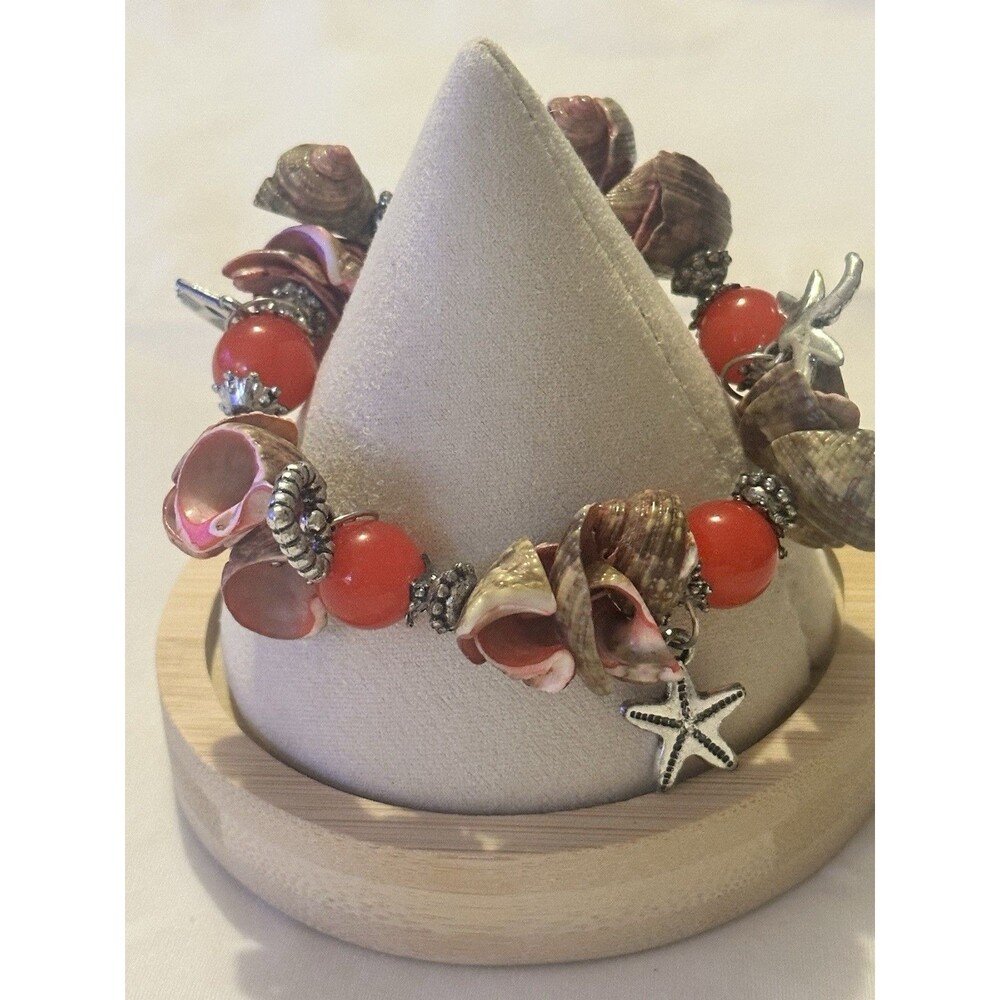 Handmade Beach Seashell Charm Stretch Bracelet Red Acrylic Beads Starfish